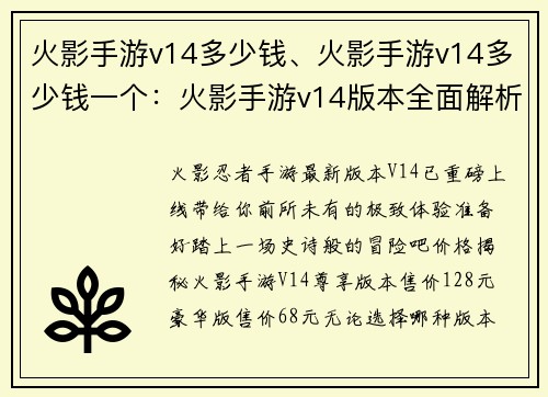 火影手游v14多少钱、火影手游v14多少钱一个：火影手游v14版本全面解析，价格及内容详解