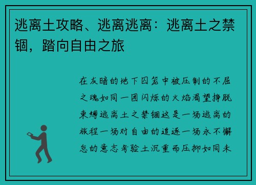 逃离土攻略、逃离逃离：逃离土之禁锢，踏向自由之旅